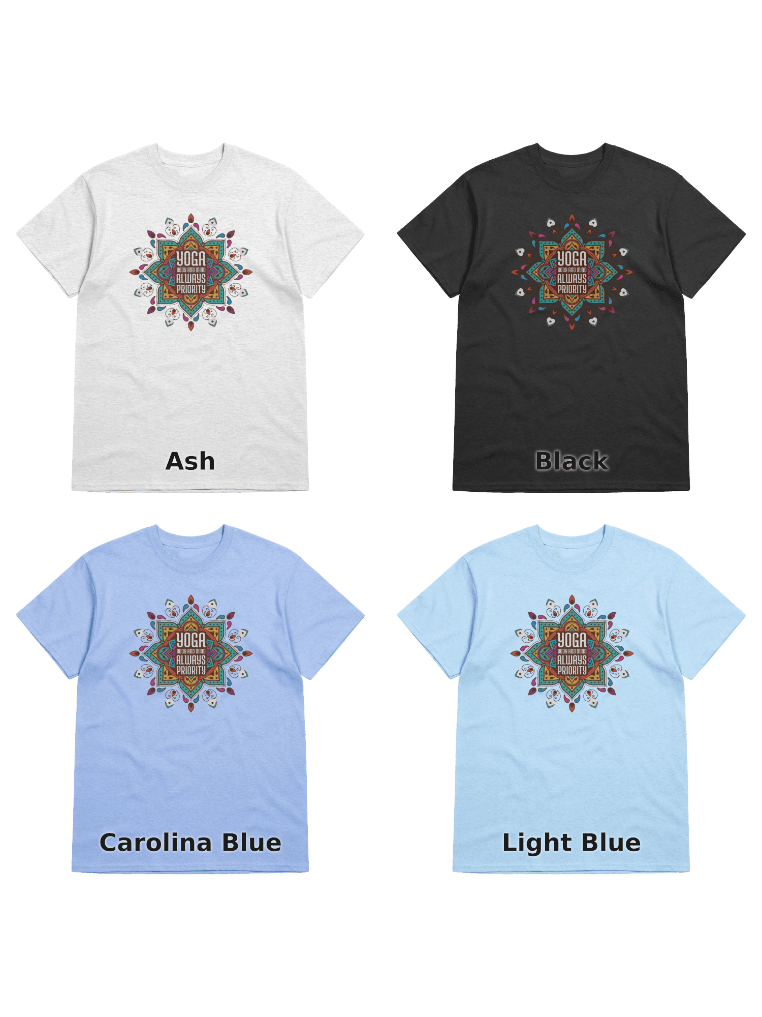 Variants for Yoga Mandala Tee: Ash, Black, Carolina Blue, Light Blue