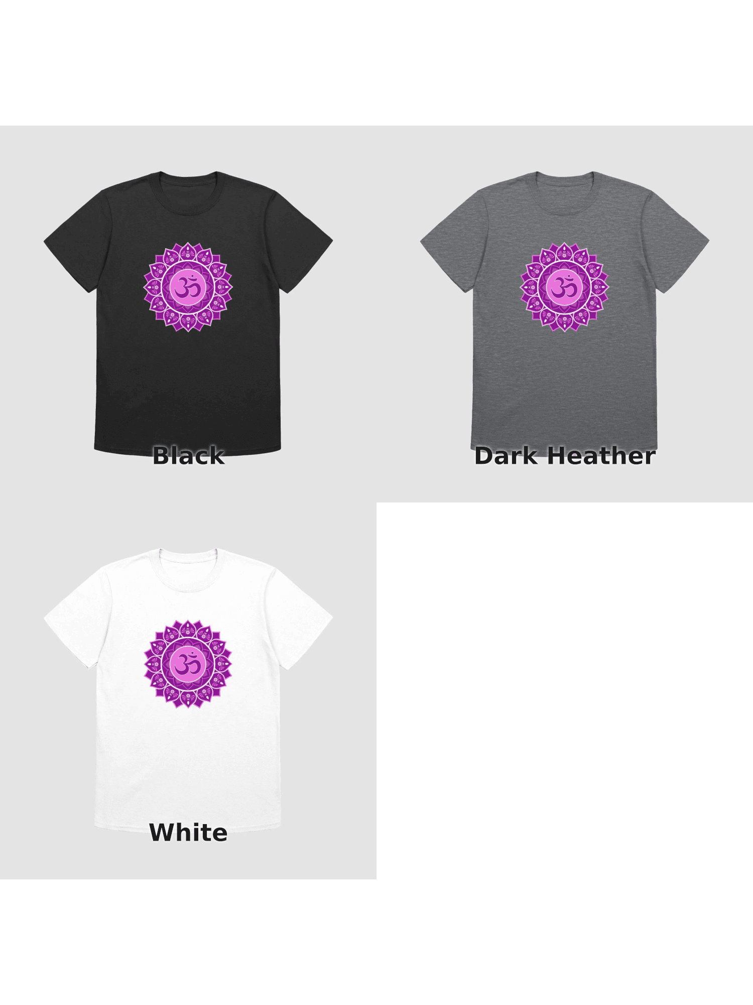 Variants for Spiritual Om Symbol Mandala Unisex T-Shirt - Purple Harmony Design: Black, Dark Heather, White