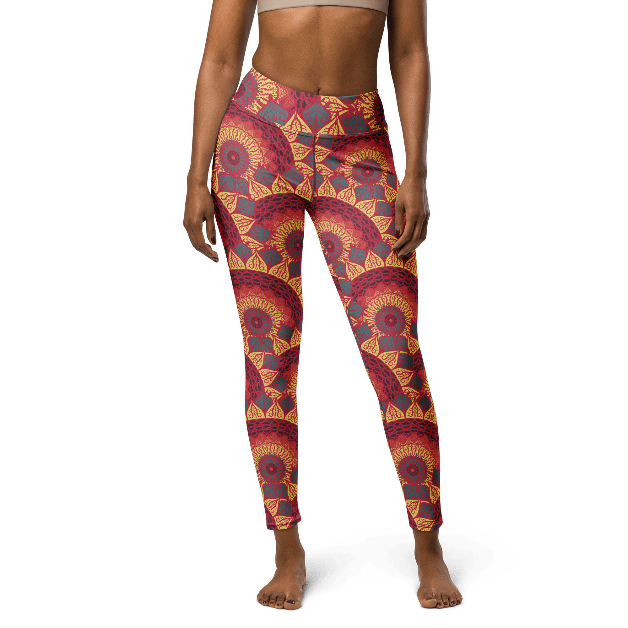Vibrant Mandala Leggings - Red, Blue & Yellow Floral Design image