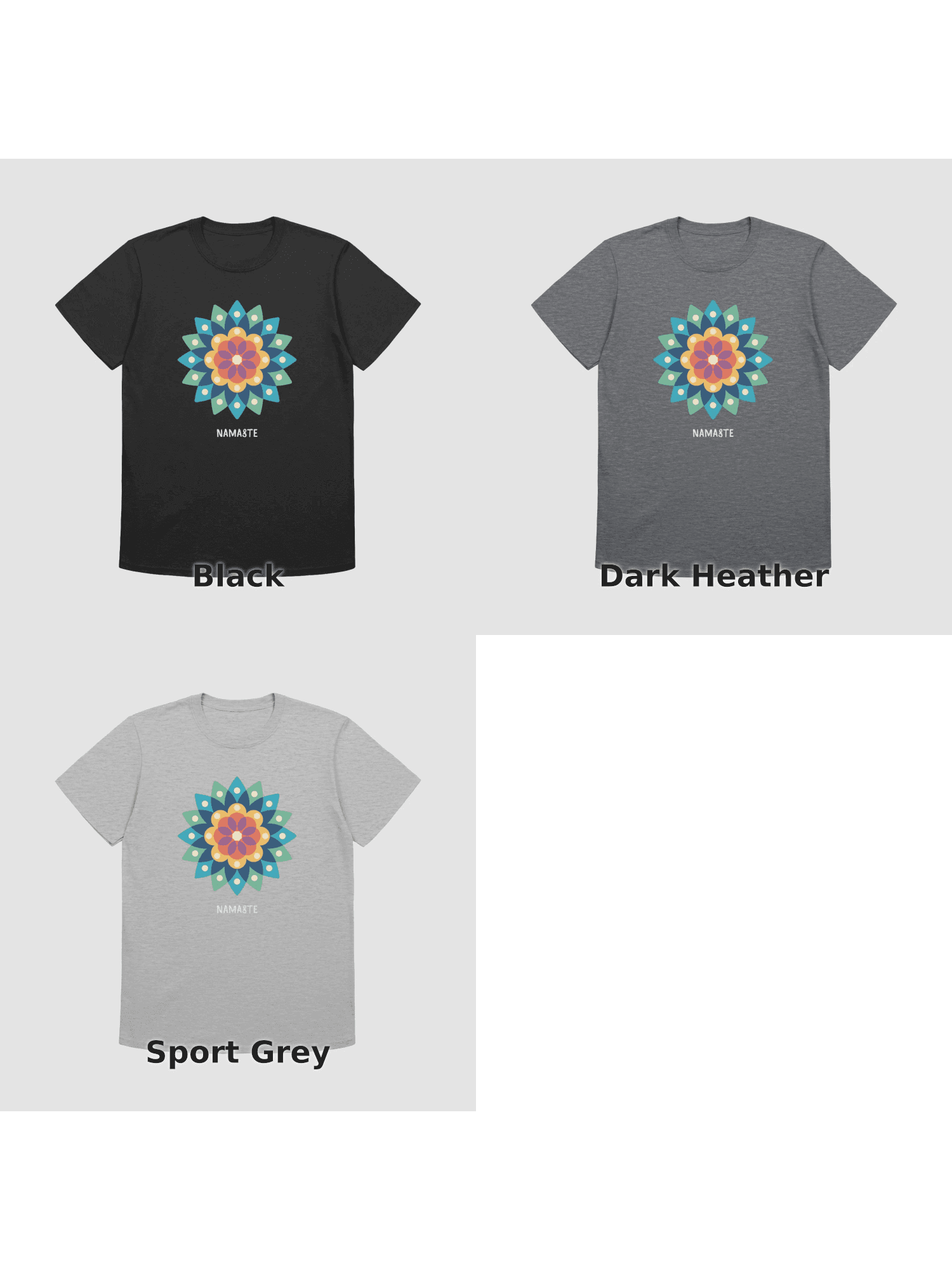 Variants for Vibrant Mandala Magic Unisex T-Shirt - Colorful Geometric Pattern: Black, Dark Heather, Sport Grey